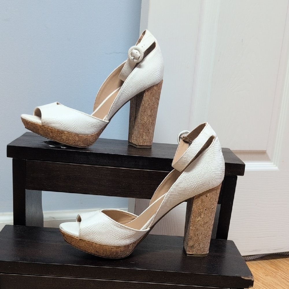 Sun + Stone Reeta White Snake Peep-Toe Cork Block Platform Heels Size 9.5M NEW